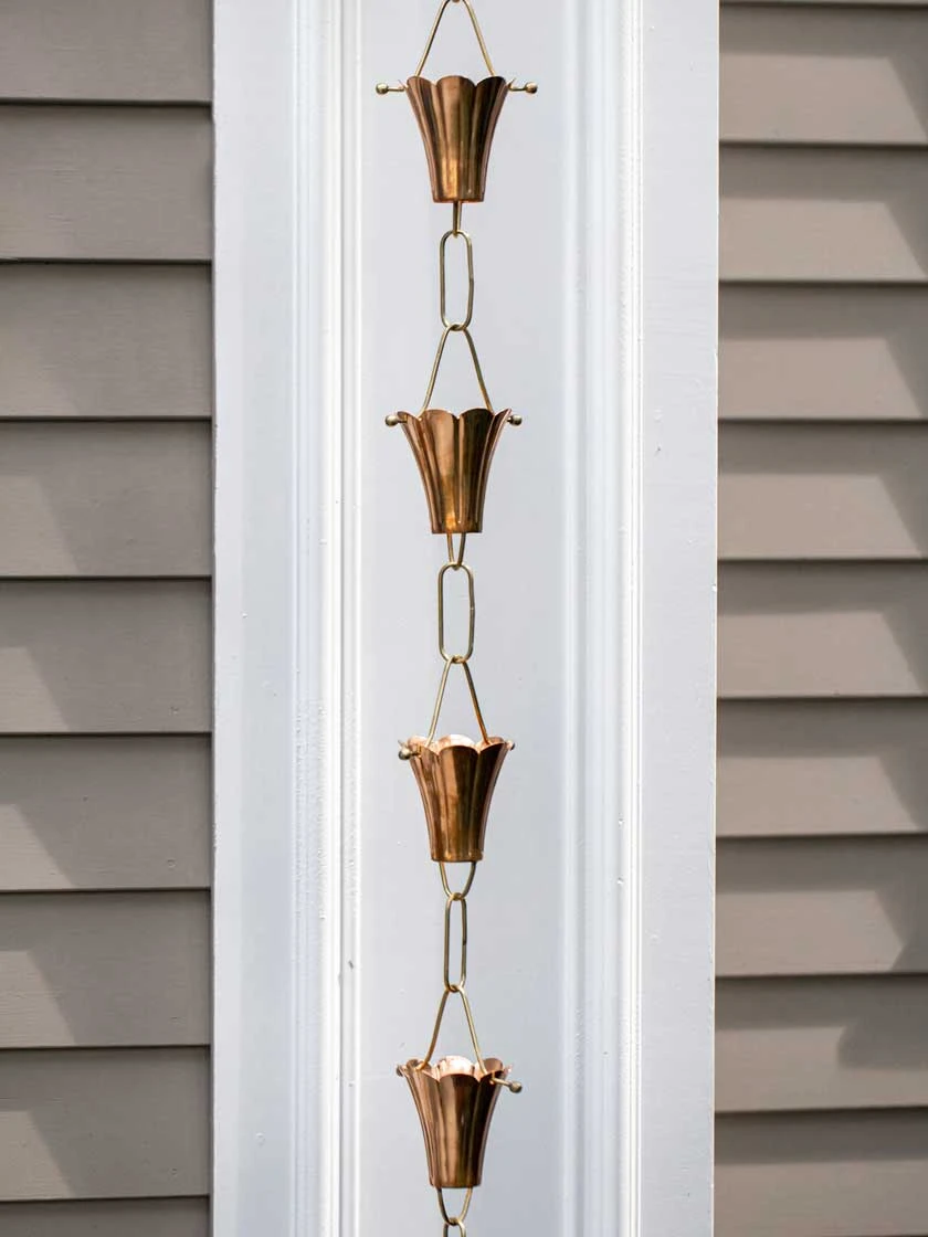 Fluted Flower Pure Copper Rain Chain, 8.5' 5 Fluted Flower Pure Copper Rain Chain, 8.5' - Image 3