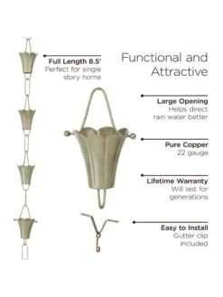 Fluted Flower Pure Copper Rain Chain, 8.5' 15 Fluted Flower Pure Copper Rain Chain, 8.5' -Best Garden Care Shop 8612742 03v